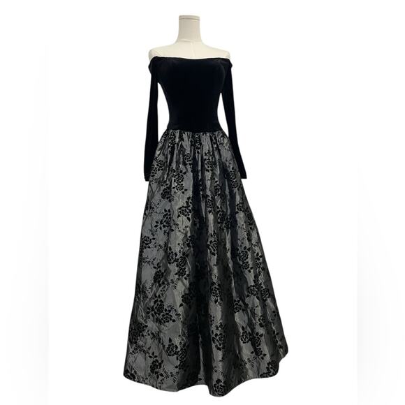 Vtg Scott McClintock Black Velvet Off Shoulder Floral Dress Gothic Dark Romance - Picture 6 of 14
